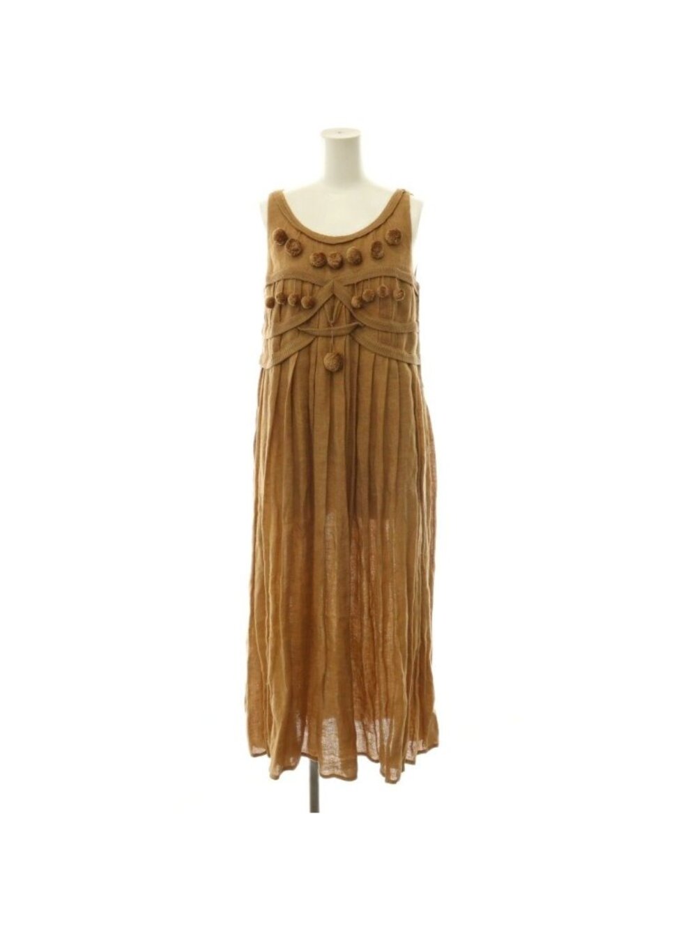 Bottega Veneta Pom Pleated Dress Long Sleeveless Camel